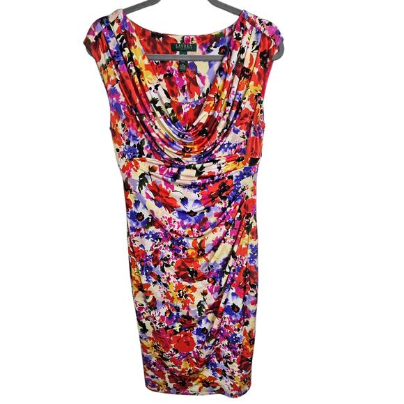 Lauren Ralph Lauren Womens Sheath Dress Artsy Floral Career Work Sz 10 Cowl Neck - Picture 1 of 7